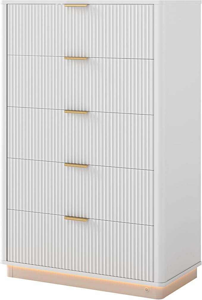 Fluted Dresser for Bedroom with 5 Drawers, 31.5" Wide Modern Chest of Drawers with Lighting, Wooden Dresser TV Stand with Curved Edges, Closet Organizer for Living Room, Hallway,White
