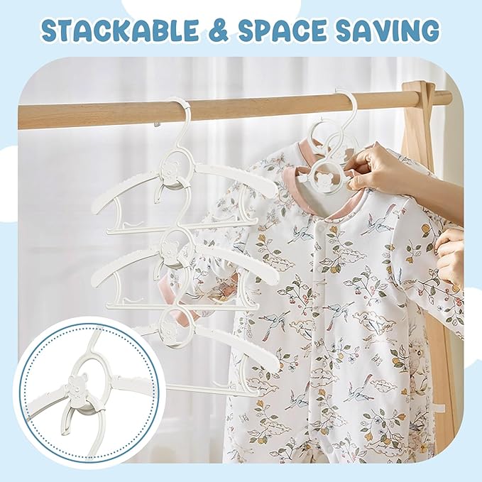 50 Pack Kids Hangers for Nursery Closet, Adjustable Non-Slip Toddler Baby Hangers with Windproof Buckle, 11-14" Infant Child Plastic Clothes Pant Hanger for Boys Girls Newborn Adult, White