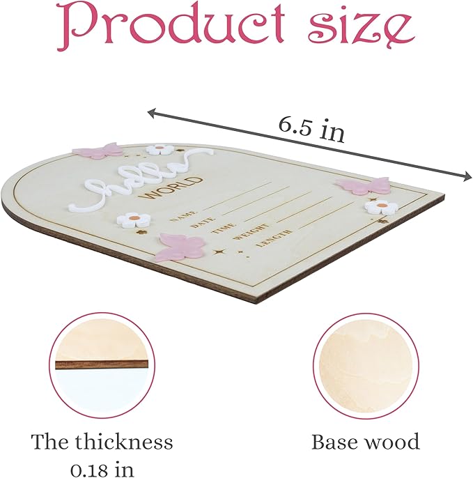 Baby Announcement Sign 6.5 Inch Wooden Hello World Newborn Welcome Sign Birth Name Plaques for Photo Props Shower Hospital Nursery (Butterfly)