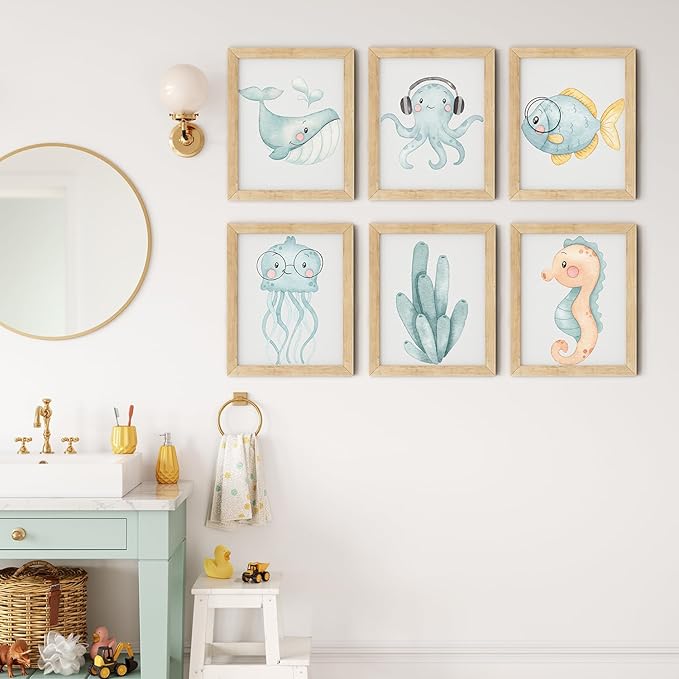 Blue Watercolor Nursery Posters Wall Art Set of 6 Ocean Animal Canvas Art Prints Pictures Sea Whale Jellyfish Seahorse Wall Decor Paintings Nautical Beach for Baby Kids Room 12x16 Inch Unframed