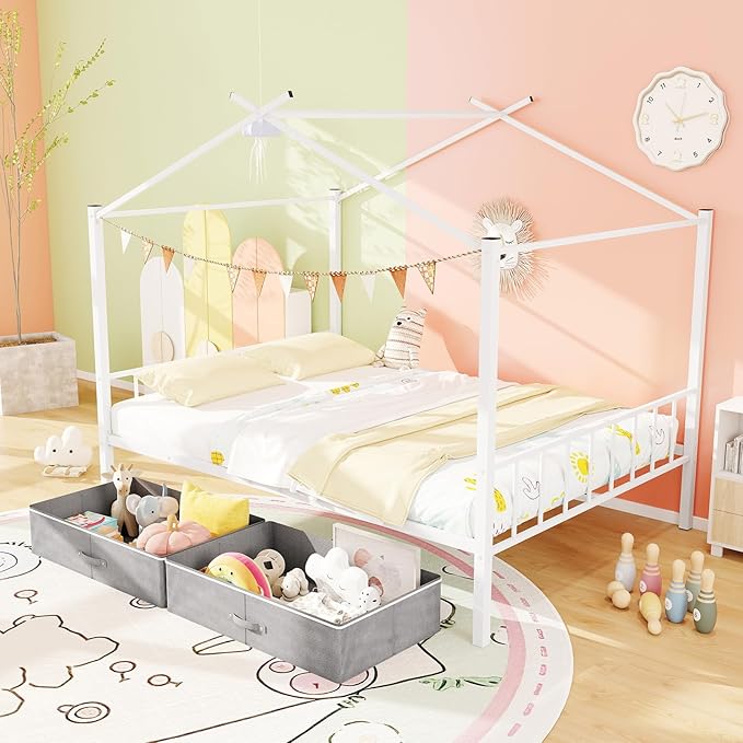 Giantex Full Size House Bed with 2 Storage Drawers, Metal Montessori Bed Frame with Headboard & Footboard, Full House Beds for Kids Girls Boys, No Box Spring Needed, Noise Free (White)