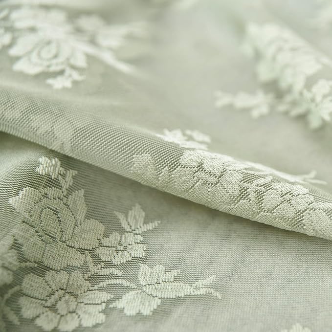 Kotile Sage Green Sheer Curtains 84 Inches Long 2 Panels, Knitted Rustic Floral Pattern Lace Sheer Curtains for Bedroom Living Room, Rod Pocket Privacy Sage Curtains, 52 x 84 Inch, Sage Green