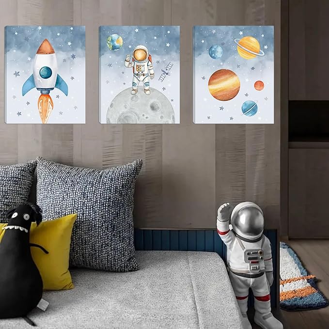KAlRNE Outer Space Nursery Canvas,Astronaut Wall Art,Planet Wall Decor,Rocket Art Prints,Set of 3(12X16 Inch,Framed) Explore Dream Galaxy Painting for Boys Space Nursery Bedroom Playroom Decor