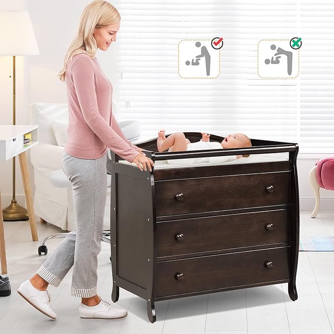 Costzon 3-Drawer Changing Table, Infant Diaper Changing Station with Drawers, Safety Rails & Strap, Baby Changing Table Dresser for Nursery, Easy Assembly (Brown)