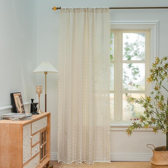 Deeprove Ivory Boho Curtain 96 inches Long for Living Room Bedroom, Vintage Bohemian Semi Blackout Linen 96 inches Length Stripe Embroidery Privacy Window Tassel Decor W52 x L96, 1 Panel