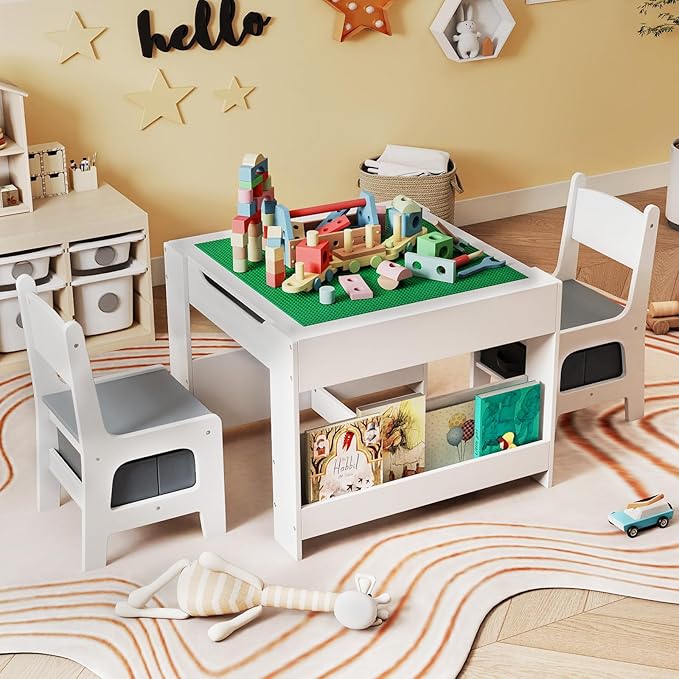 Costzon 4 in 1 Kids Table and Chairs, Wooden Toddler Activity Desk Set w/Reversible Graffiti & Building Blocks Tabletop, Storage Drawers and Bookshelves for Drawing, Reading, Crafts (Gray)