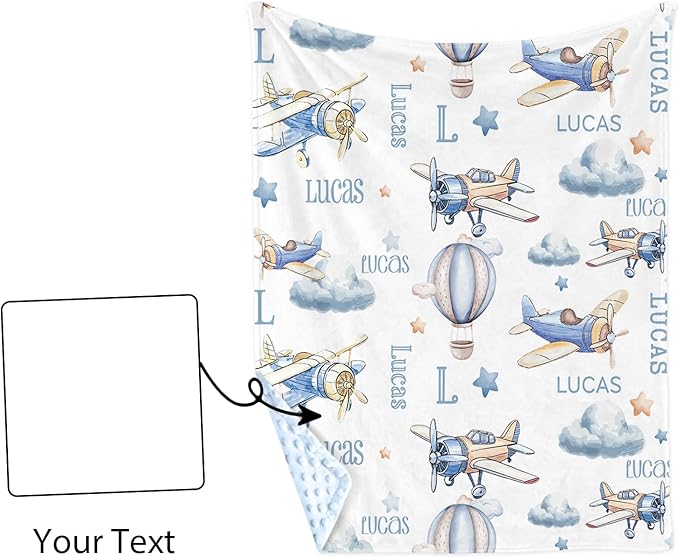 Personalized Baby Blankets for Boys Girls, Custom Name Baby Blanket with Toy Airplane Design, Soft Receiving Blanket for Newborns and Toddlers, Ideal for Baby Showers and Nursery Decor