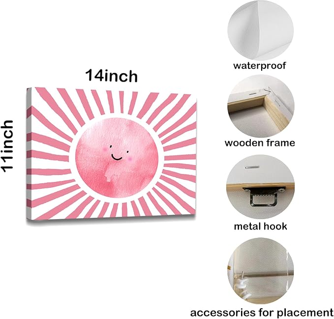 WODMIS Boho Sun Shunshine Wall Art, Cute Cartoon Smiling Watercolor Neutral Canvas Home Decor for Kids Baby Room Nursery Playroom, Pink 11x14