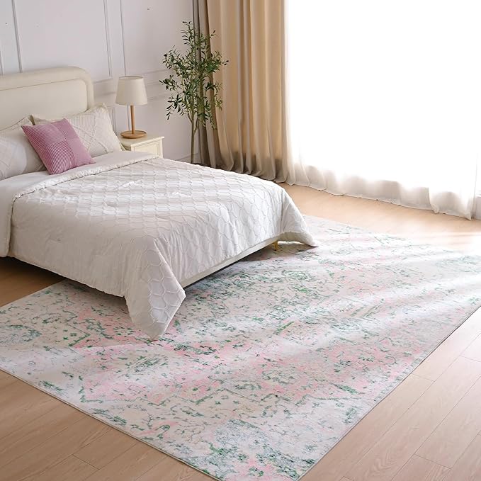Washable Area Rugs 9x12 for Living Room Pink and Green Non-Slip Soft Floor Carpet Boho Vintage Oriental Accent Throw Rug for Dinning Room Farmhouse
