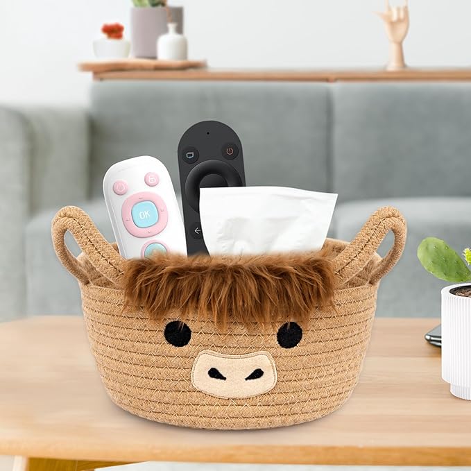 Highland Cute Cow Basket for Nursery, Small Shower Gift Basket, Round Woven Rope Cotton Storage, Baby Blanket 0rganizer with Ears Handles, Blanket Towel Decor Storage Bins, 10.7"D x 4.4"H in