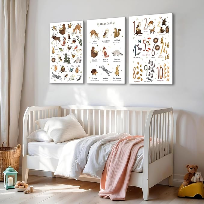 3Pcs Animal Alphabet Numbers Canvas Wall Art Classroom Nursery Painting Educational ABC Poster Prints Kids Playroom Picture Positive Affirmations Animal Wall Decor for Boy Girl Room 12x16in Framed