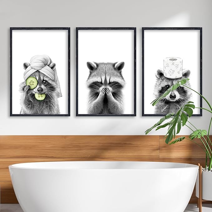 Funny Bathroom Adorable Raccoon Wall Art Decor 16x11 Inch Set Of 3 Laundry Animal Prints Wooden Framed Signs Rustic Washroom Interesting Modren Artwork Wall Hanging Deoration (Black)