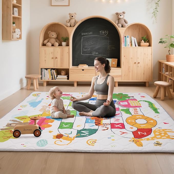 Baby Play Mat for Floor,50x50 Inch Soft Padding Crawling Mat, Foldable and Machine Washable, Thick for Babies & Toddlers,Animal School