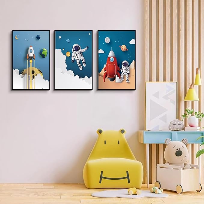 3Pcs Astronaut Canvas Wall Art Nursery Space Adventure Wall Decor Whimsical Space Themed Posters Artwork Rocket Spaceship Prints Pictures for Kids Room Boys and Girls Bedroom (16x24in Poster)