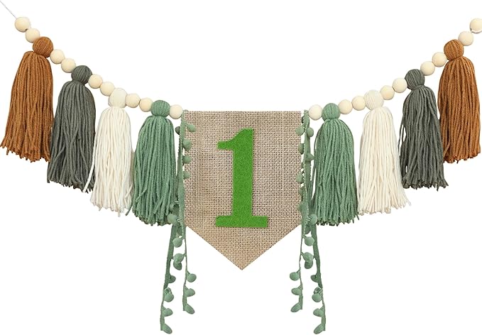Wild One High Chair Banner Boy First Birthday Decorations,Jungle Green 1st Highchair Banner,Woodland One Year Old Party Decor Babys Themes Wood Bead Tassel Garland