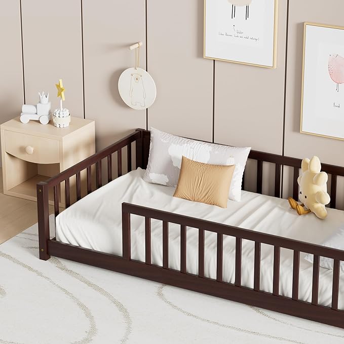 LLS Twin Floor Bed for Children, Durable Montessori Floor Bed with Sturdy Slats and Safety Fence, Solid Wood Floor Bed Frame for Girls Boys and Teens, Espresso (Without Door)
