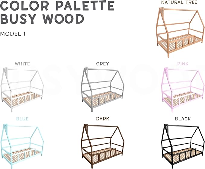 BUSY WOOD Montessori Bed for Toddlers - Cozy House Bed for Kids - Wooden Loft Toddler Bed Frame - House Bed Frame - Montessori Bed with Rails - Toddler Bedroom Furniture (Model 1, Legs and Slats)