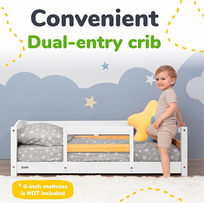 Ocodile Toddler Bed with Rails | Low Montessori Floor Bed Frame for Kids | Standard Crib Size Wooden Frame for Independent Toddlers 1-3 - White