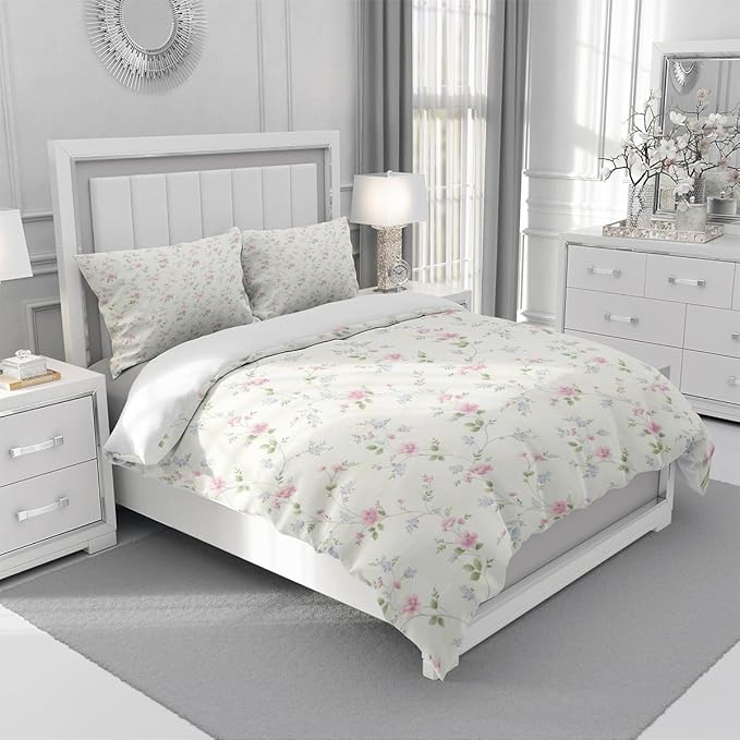 Floral Duvet Cover Full Girl Pink Flower Teenage Girls Duvet Cover Set with Zipper Ties, Easy Care, Ultra Soft and Breathable-Full Size