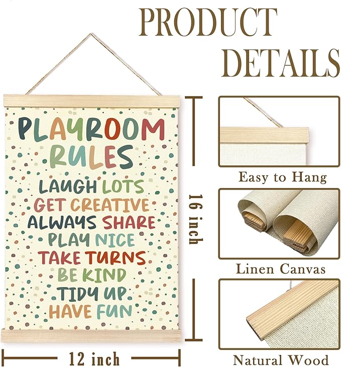 CGBHW Playroom Rules Poster Hanger Frame 12x16 for Kids, Educational Motivational Affirmations Posters Wall Art Hanging Decor for Classroom Nursery Play room Preschool, Kids Room Wall Decor