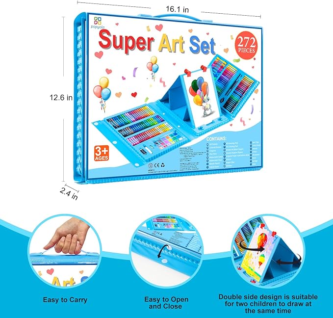 Art Supplies, 272 Pack Art Set Drawing Kit for Girls Boys Teens Artist, Deluxe Gift Art Box with Trifold Easel, Origami Paper, Coloring Book, Drawing Pad, Pastels, Crayons, Pencils, Watercolors(Blue)