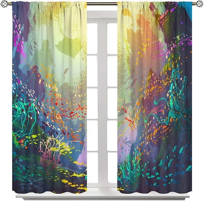 Ocean Blackout Curtain, Untouched Wild Underwater Aquatic World Corals Exotic Fishes Seascape Curtain for Living Room Cafe Set 2 Panels,42x45 Inches, Style-2