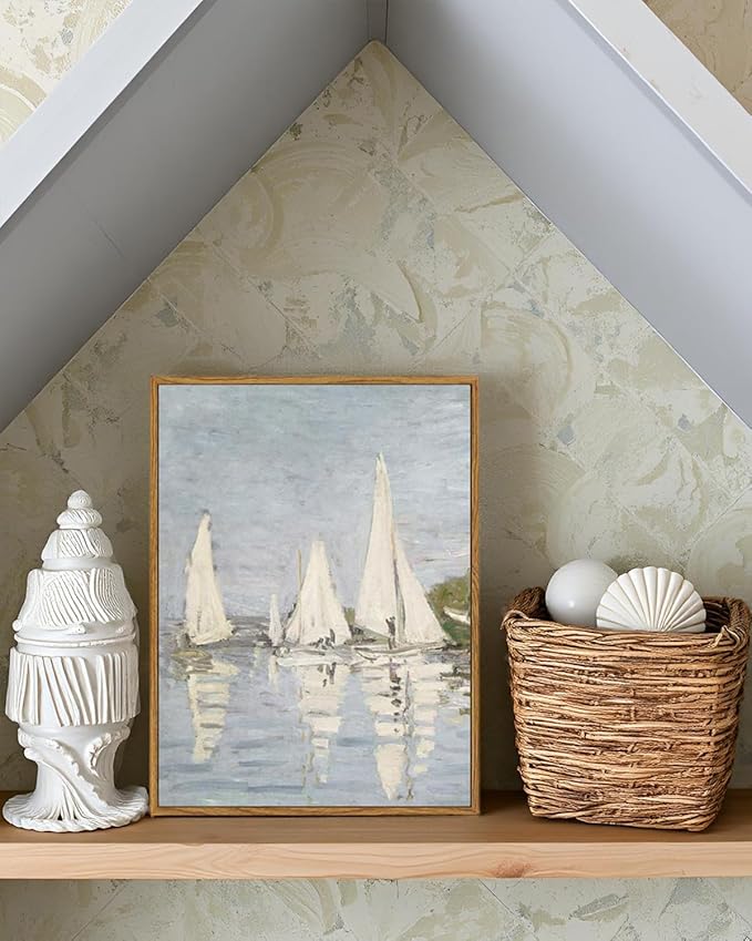 ARPEOTCY Vintage Framed Canvas Wall Art, 12x16inch, Farmhouse Summer Sailboat Wall Decor, Nautical Lake Art Prints Home Decorations, Seascape Paintings for Living Room Bedroom Office Decor