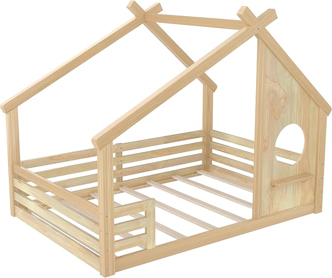 Polibi Full Size Floor Bed with House-Shaped Roof,Window and a Small Shelf, Solid Wood Low Profile Floor Bed for Kids, No Box Spring, Natural