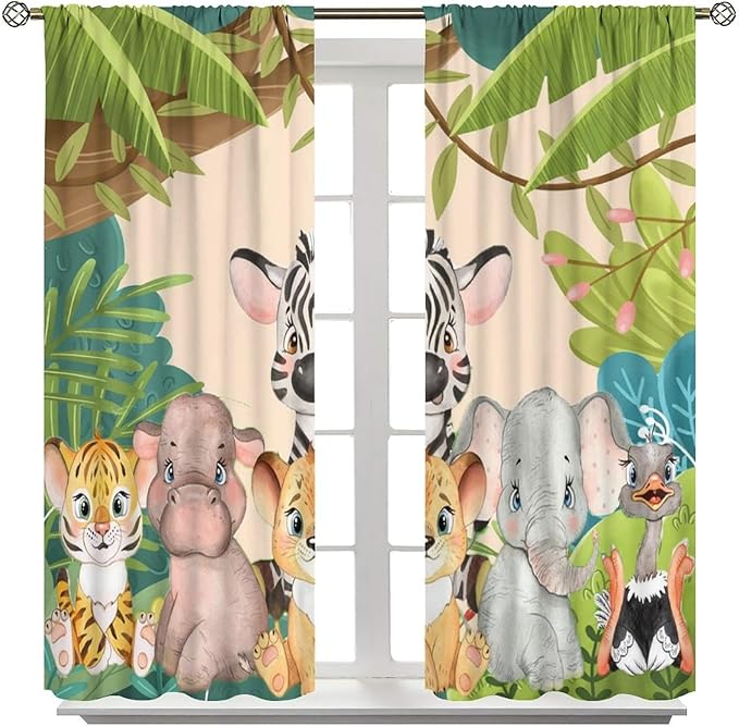 Animals Curtains Colorful Forest Cartoon Cute Zebra Tiger Elephant for Kids Boys Girls Nursery Bedroom Living Room Blackout Rod Pocket Decoration Window Drapes 2 Panels W31.5xL72in