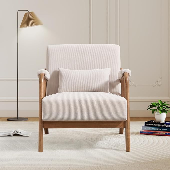 Mid Century Modern Accent Chair with Solid Wood Frame, Upholstered Living Room Chairs with Lumbar Cushion Padded Arms, Reading Armchair for Bedroom Set of 2, Beige