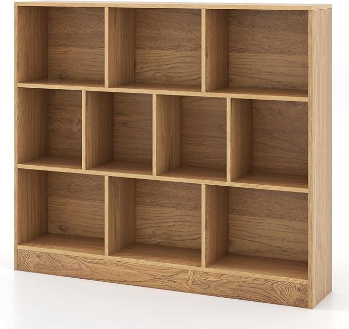 Costzon 10-Cube Bookshelf for Kids, Wooden Toy Storage Organizer w/ 2 Anti-Toppling Kits, 3 Tier Open Shelves & Non-Slip Foot Pads, Montessori Toy Shelf for Kids Rooms, Playroom, Classroom, Nursery