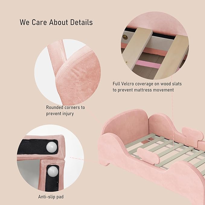 Toddler Bed, Toddler Flood Bed with Extra Safety Broad, Standard Crib Size for Kids, Certified Fabric Beds, Low to Floor Design (Pink)