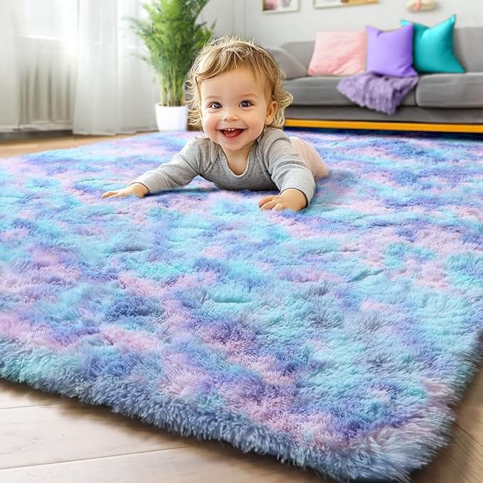 ONASAR Fluffy Area Rugs for Girls Bedroom, 4x6 Purple Rainbow Washable Bedside Rug, Indoor Cute Ultra Soft Plush Shag Floor Carpets for Nursery Kids Teen Girl Dorm Princess Room Playroom Home Decor