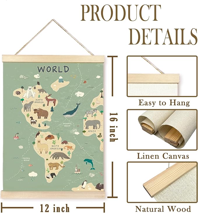 CGBHW World Map Poster Hanger Frame Set of 2, Cute Animal Educational Learning Tool Posters Wall Art Hanging Decor for Kids Room Nursery Classroom Home School Playroom Homeschool, 12x16