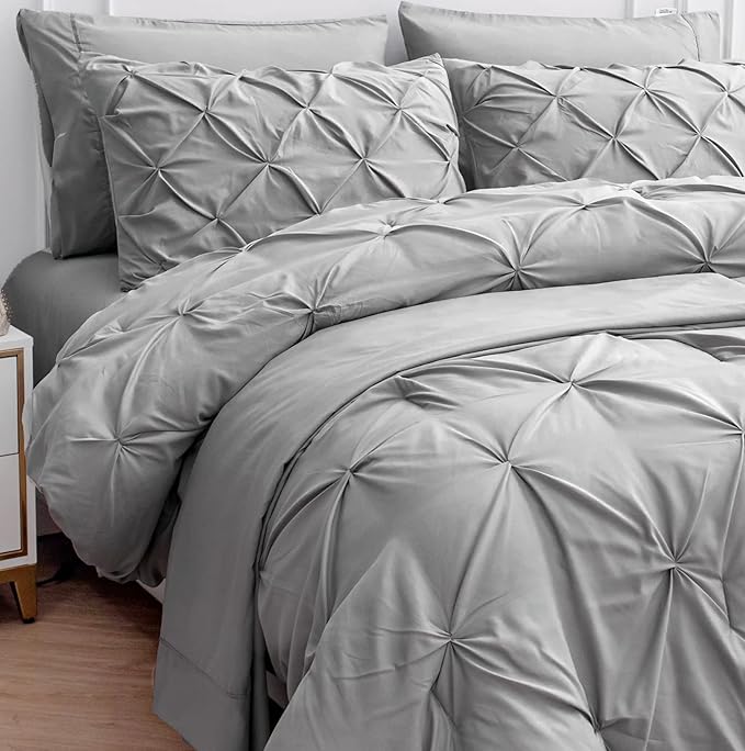 Lane Linen Full Size Comforter Set - 7 Piece Bed in a Bag, Soft Pintuck Bedding With Sheets, Pillowcases & Shams - Silver