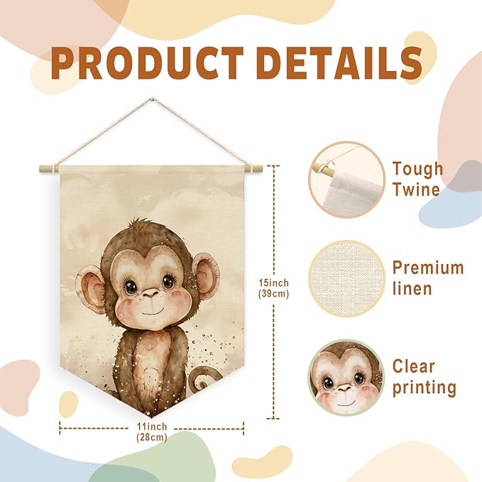 Safari Nursery Decor, Baby Monkey Cute Wall Art,Kids room Canvas Banner, Woodland Nursery Decor, Watercolor Animal Monkey for Living Room Bedroom, Hanging Pennant Flag Banner 15x11in