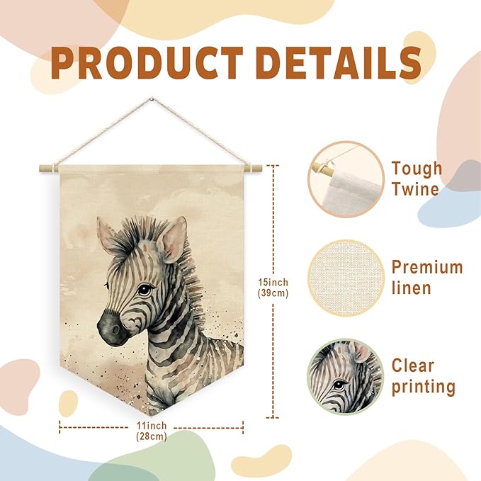 Safari Nursery Decor, Zebra Watercolor Wall Art Canvas Banner, Woodland Nursery Decor, Watercolor Animal for Toddler Room, Cute Zebra Canvas Hanging Pennant Flag Banner, Gift for Baby Girl Boy