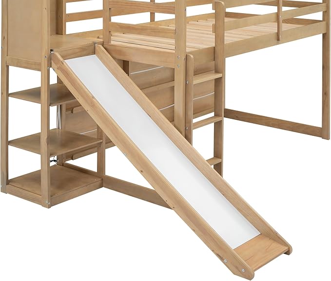 Playful Twin Size Wood House Loft Bed with Slide and Climbing Ramp, Multiple-Function Low Loft Bed Frame with Storage Shelves and Light for Kids Teens Boys Girls Bedroom (Wood-C)