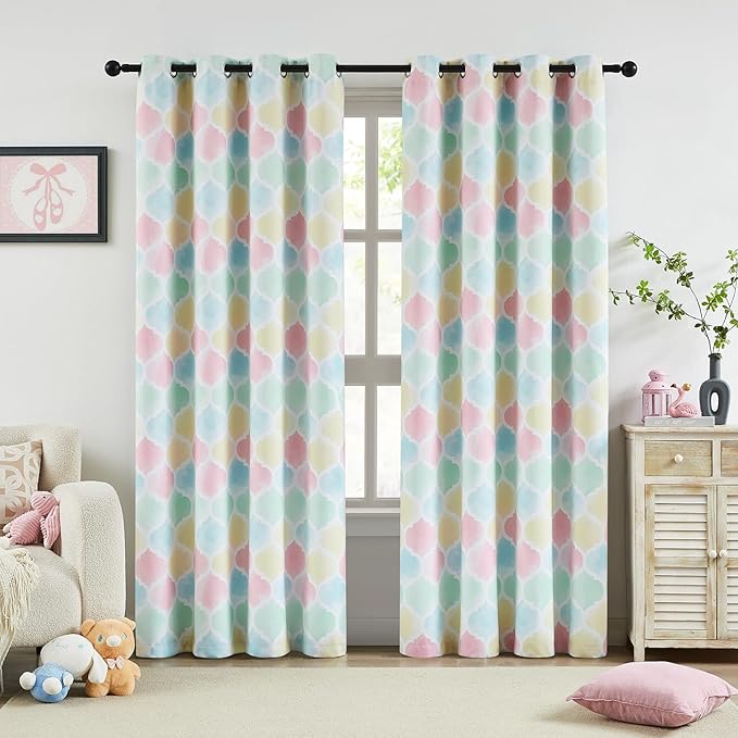 Full Blackout Curtains 95 Inches Long 2 Panels Colorful Moroccan Geo Lattice Drapes Room Darkening Thermal Insulated Grommet Window Treatments Sets for Nursery Girl Baby Bedroom, 52" W