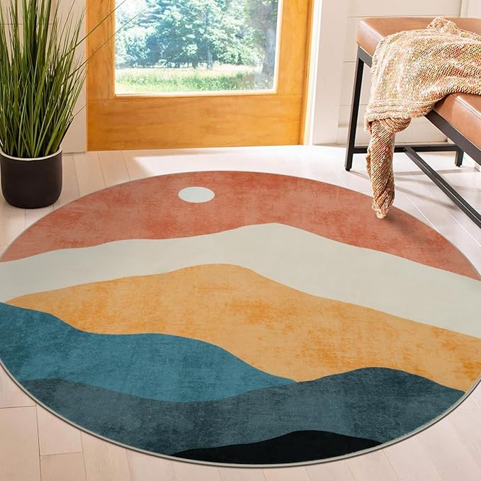 6 ft Abstract Round Rugs for Bedroom, Washable Non-Slip Circle Rug, Soft Colorful Low-Pile Floor Mat, Chic Faux Wool Large Rug, Indoor Throw Rugs for Living Room, Kidsroom