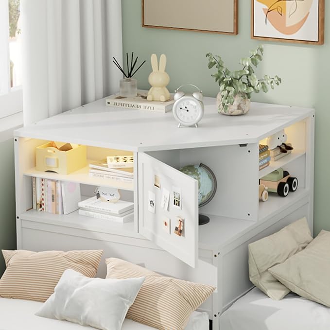Harper & Bright Designs Twin L-Shaped Corner Bed with Trundle, Double Twin Beds in One, 3-in-1 Platform Bed with Built-in Nightstand and LED Light for 2 Kids