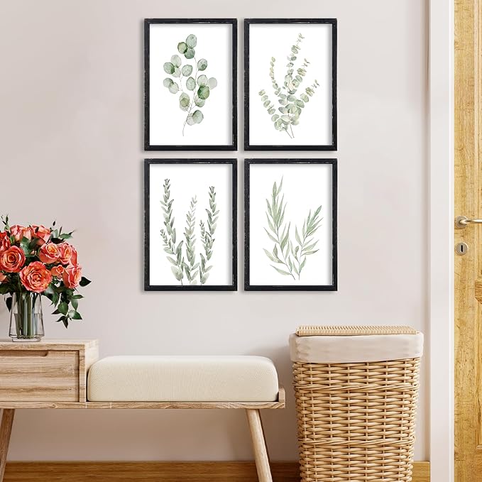 Botanical Wall Decor Sign 16x11 Inch Set of 4 Sage Green Plants Wood Framed For Bathroom Modren Bedroom Aesthetic Watercolor Laundry Room Art Wall Hanging (Black)