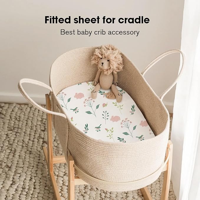Little Grape Land Bassinet Sheets for Baby Boys Girls 3 Pack, 33" x 18" Extra Soft Breathable Fitted Bassinet Sheets, Bedside Sheets Fit for Oval Rectangle and Hourglass Bassinet Mattress (Bunny)