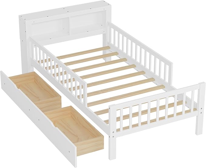 Wood Twin Size Platform Bed with Safety Fence for Kids Boys Girls, Platform Bed Frame with Practical Headboard and 2 Under-Bed Drawers, Sturdy Slats Support (White-3.15)