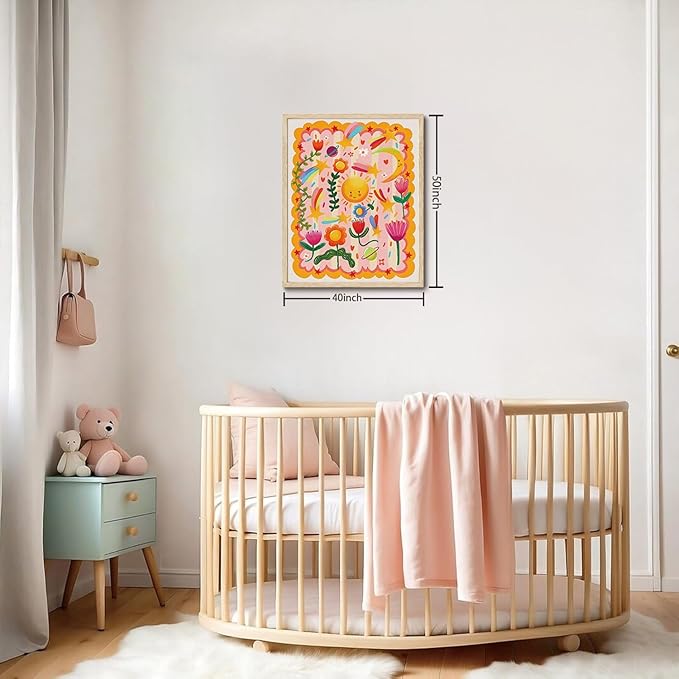 KISSFOX Framed Wall Art Nursery Wall Decor Floral Pictures Kids Cute Flower Canvas Art Sun Moon Stars Paintings Whimsical Celestial Artwork For Children Boys Girls Room Playroom