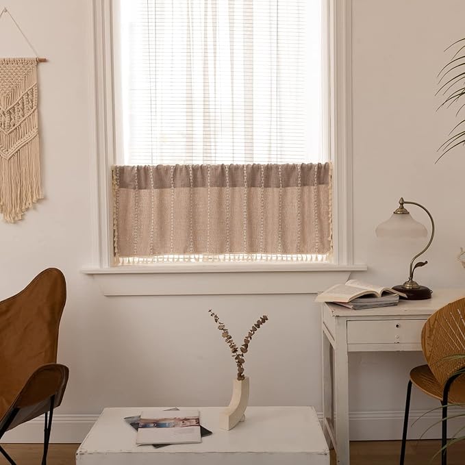 Deeprove Taupe Boho Tassel Valance for Cafe Kitchen Decor, Bohemian Farmhouse Cream Cotton Linen Short Curtains French Country Window Treatments Tier Panel, W52 x L18, 1 Piece