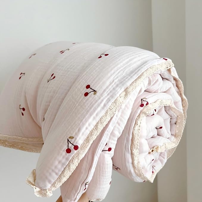 BuLuTu 1 Piece Baby Toddler Muslin Quilt Blanket 47x59 Inches, Crib Comforter Cute Cherry Print Quilted Blankets for Boys Girls Toddler Comforter, Soft Breathable, Machine Wash