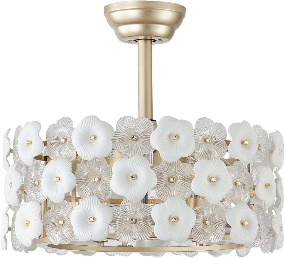 20" Gold Fandelier Ceiling Fan with Light, Caged Flower Chandelier Ceiling Fans with Lights Remote Control, Mid-Century Modern with 6 Speeds for Bedroom, Nursery