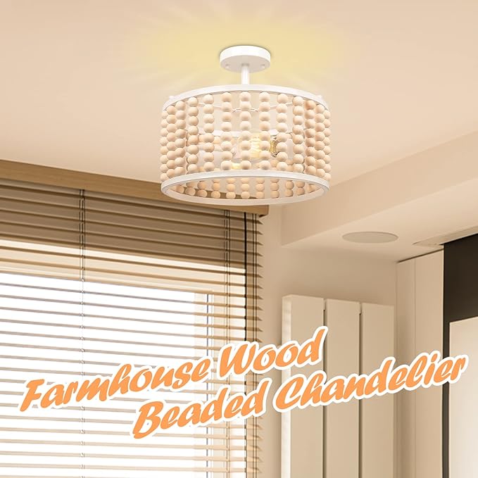 White Wood Beaded Boho Chandelier - Modern Nursery Ceiling Light Fixture, Beaded Semi Flush Mount Light, Farmhouse Lights for Bedroom Hallway Foyer Living Kids Room