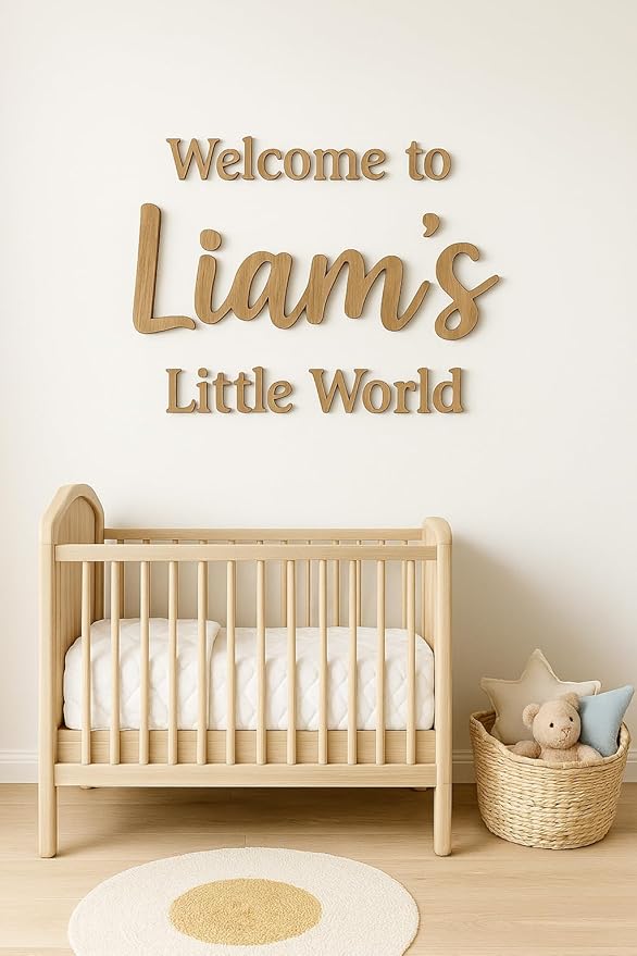 STRONGUS Personalized Wood Name Sign – Custom Nursery or Family Wall Décor – Baby Name Sign, Kids Room or Home Sign – Choose Font & Size – Rustic Wooden Gift (3rd line of text)